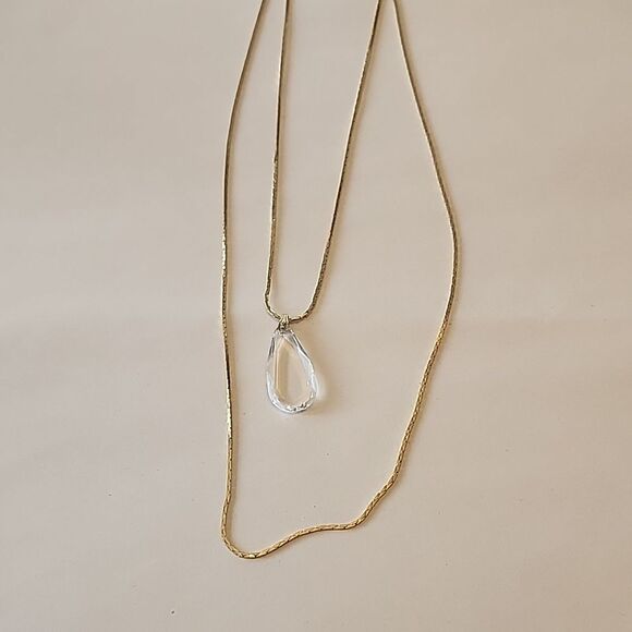 Double Layer Gold Tone Necklace with Crystal Pendant - Picture 1 of 3